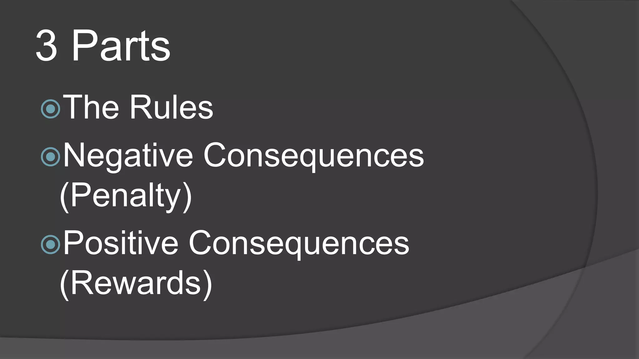 3 Parts
The Rules
Negative Consequences
(Penalty)
Positive Consequences
(Rewards)
 