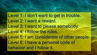 Level 1: I don’t want to get in trouble.
Level 2: I want a reward.
Level 3: I want to please somebody.
Level 4: I follow the rules.
Level 5: I am considerate of other people.
Level 6: I have a personal code of
behavior and I follow it.
 