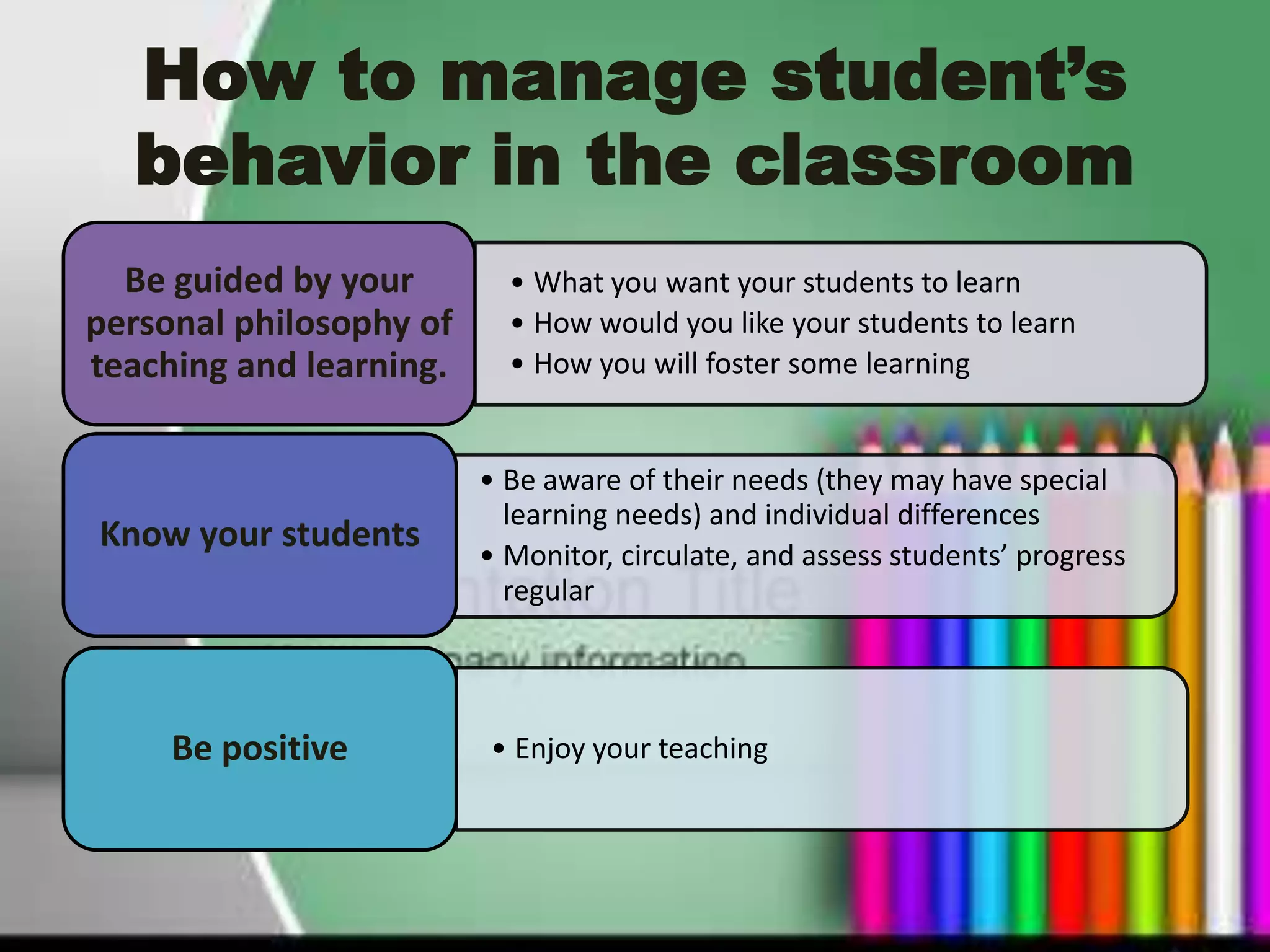 How to manage student’s
  behavior in the classroom
  Be guided by your        • What you want your students to learn
personal philosophy of     • How would you like your students to learn
teaching and learning.     • How you will foster some learning


                         • Be aware of their needs (they may have special
                           learning needs) and individual differences
Know your students
                         • Monitor, circulate, and assess students’ progress
                           regular




     Be positive         • Enjoy your teaching
 