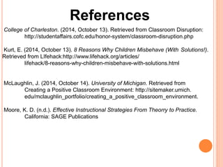 References 
College of Charleston. (2014, October 13). Retrieved from Classroom Disruption: 
http://studentaffairs.cofc.edu/honor-system/classroom-disruption.php 
Kurt, E. (2014, October 13). 8 Reasons Why Children Misbehave (With Solutions!). 
Retrieved from LIfehack:http://www.lifehack.org/articles/ 
lifehack/8-reasons-why-children-misbehave-with-solutions.html 
McLaughlin, J. (2014, October 14). University of Michigan. Retrieved from 
Creating a Positive Classroom Environment: http://sitemaker.umich. 
edu/mclaughlin_portfolio/creating_a_positive_classroom_environment. 
Moore, K. D. (n.d.). Effective Instructional Strategies From Theorry to Practice. 
California: SAGE Publications 
 