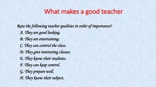 What makes a good teacher
Rate the following teacher qualities in order of importance?
A. They are good looking.
B. They are entertaining.
C. They can control the class.
D. They give interesting classes.
E. They know their students.
F. They can keep control.
G. They prepare well.
H. They know their subject.
 