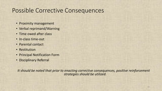 31
Possible Corrective Consequences
• Proximity management
• Verbal reprimand/Warning
• Time owed after class
• In-class time-out
• Parental contact
• Restitution
• Principal Notification Form
• Disciplinary Referral
It should be noted that prior to enacting corrective consequences, positive reinforcement
strategies should be utilized.
 