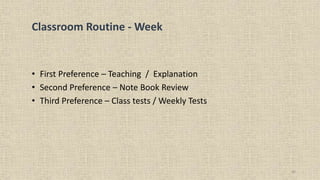 • First Preference – Teaching / Explanation
• Second Preference – Note Book Review
• Third Preference – Class tests / Weekly Tests
40
Classroom Routine - Week
 