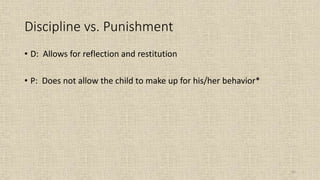 61
Discipline vs. Punishment
• D: Allows for reflection and restitution
• P: Does not allow the child to make up for his/her behavior*
 