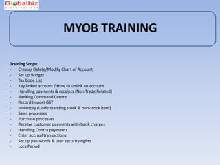 MYOB TRAINING

Training Scope
- Create/ Delete/Modify Chart of Account
- Set up Budget
- Tax Code List
- Key linked account / How to unlink an account
- Handling payments & receipts (Non Trade Related)
- Banking Command Centre
- Record Import GST
- Inventory (Understanding stock & non-stock item)
- Sales processes
- Purchase processes
- Receive customer payments with bank charges
- Handling Contra payments
- Enter accrual transactions
- Set up passwords & user security rights
- Lock Period
 
