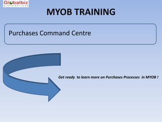 MYOB TRAINING

Purchases Command Centre




              Get ready to learn more on Purchases Processes in MYOB !
 