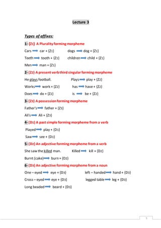 5 
Lecture 3 
Types of affixes: 
1- }Z1{ A Plurality forming morpheme 
Cars car + {Z1} dogs dog + {Z1} 
Teeth tooth + {Z1} children child + {Z1} 
Men man + {Z1} 
2- {Z2} A present verb third singular forming morpheme 
He plays football. Plays play + {Z2} 
Works work + {Z2} has have + {Z2} 
Does do + {Z2} is be + {Z2} 
3- {Z3} A possession forming morpheme 
Father's father + {Z3} 
Ali's Ali + {Z3} 
4- {D1} A past simple forming morpheme from a verb 
Played play + {D1} 
Saw see + {D1} 
5- {D2} An adjective forming morpheme from a verb 
She saw the killed man. Killed kill + {D2} 
Burnt (cake) burn + {D2} 
6- {D3} An adjective forming morpheme from a noun 
One – eyed eye + {D3} left – handed hand + {D3} 
Cross – eyed eye + {D3} legged table leg + {D3} 
Long beaded beard + {D3} 
 