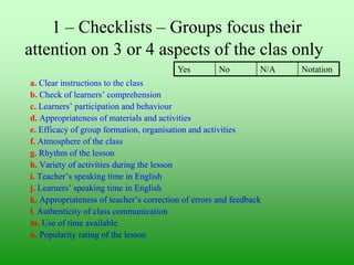 1 – Checklists – Groups focus their
attention on 3 or 4 aspects of the clas only
Yes

No

N/A

a. Clear instructions to the class
b. Check of learners‟ comprehension
c. Learners‟ participation and behaviour
d. Appropriateness of materials and activities
e. Efficacy of group formation, organisation and activities
f. Atmosphere of the class
g. Rhythm of the lesson
h. Variety of activities during the lesson
i. Teacher‟s speaking time in English
j. Learners‟ speaking time in English
k. Appropriateness of teacher‟s correction of errors and feedback
l. Authenticity of class communication
m. Use of time available
n. Popularity rating of the lesson

Notation

 