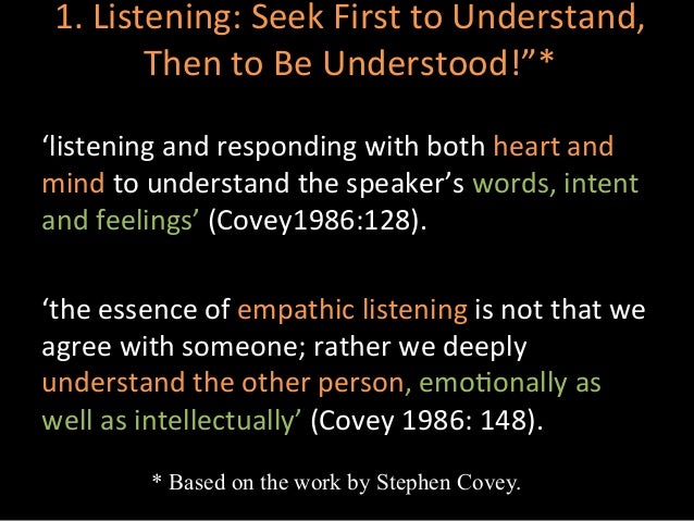 coveys concept of empathic listening essay Basic counselling skills and their usefulness - empathy, acceptance, warmth and genuineness this essay explains the three essential qualities needed to. coveys concept of empathic listening essay Basic counselling skills and their usefulness - empathy, acceptance, warmth and genuineness this essay explains the three essential qualities needed to.