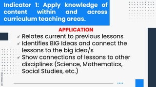 SLIDESMANIA.COM
Indicator 1: Apply knowledge of
content within and across
curriculum teaching areas.
APPLICATION
 Relates current to previous lessons
 Identifies BIG Ideas and connect the
lessons to the big idea/s
 Show connections of lessons to other
disciplines (Science, Mathematics,
Social Studies, etc.)
 