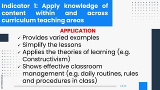 SLIDESMANIA.COM
Indicator 1: Apply knowledge of
content within and across
curriculum teaching areas
APPLICATION
 Provides varied examples
 Simplify the lessons
 Applies the theories of learning (e.g.
Constructivism)
 Shows effective classroom
management (e.g. daily routines, rules
and procedures in class)
 