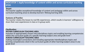 INDICATOR 1 Apply knowledge of content within and across curriculum teaching
areas
Target:
The teacher applies exceptional knowledge of content and pedagogy within and across
curriculum teaching areas to develop learners’ lifelong learning skills.
Features of Practice:
The teacher relates the lesson to real-life experiences, which results in learners’ willingness to
share their own experiences in class or in group work.
Clarification:
WITHIN CURRICULUM TEACHING AREA
inclusion of appropriately chosen intra-disciplinary topics and enabling learning competencies
within the curriculum guide of a specific learning/subject area and grade level –
ACROSS CURRICULUM TEACHING AREA
making meaningful connections and including appropriate interdisciplinary topics and
learning competencies cited in the curriculum guide of other learning/subject areas in any
grade level
 