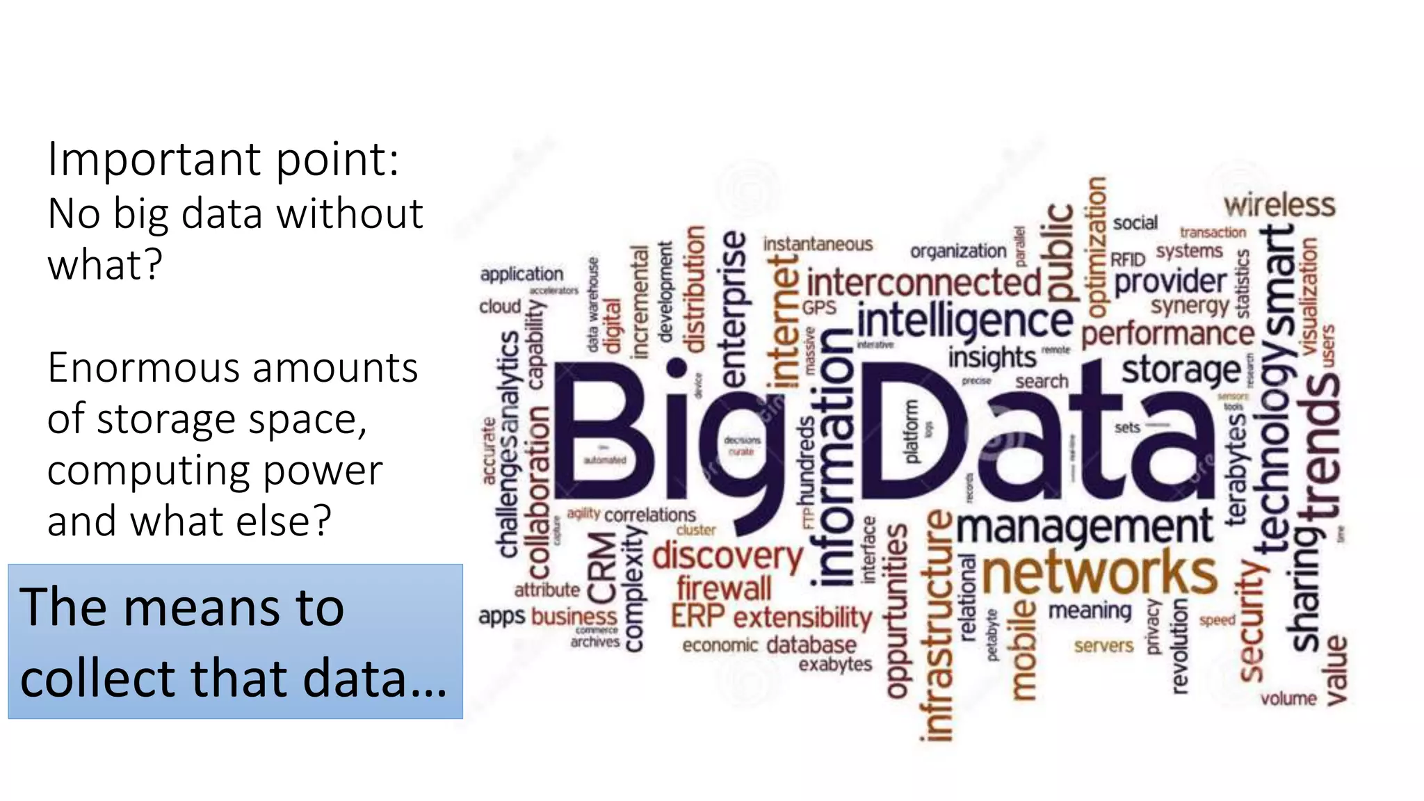 Important point:
No big data without
what?
Enormous amounts
of storage space,
computing power
and what else?
The means to
collect that data…
 