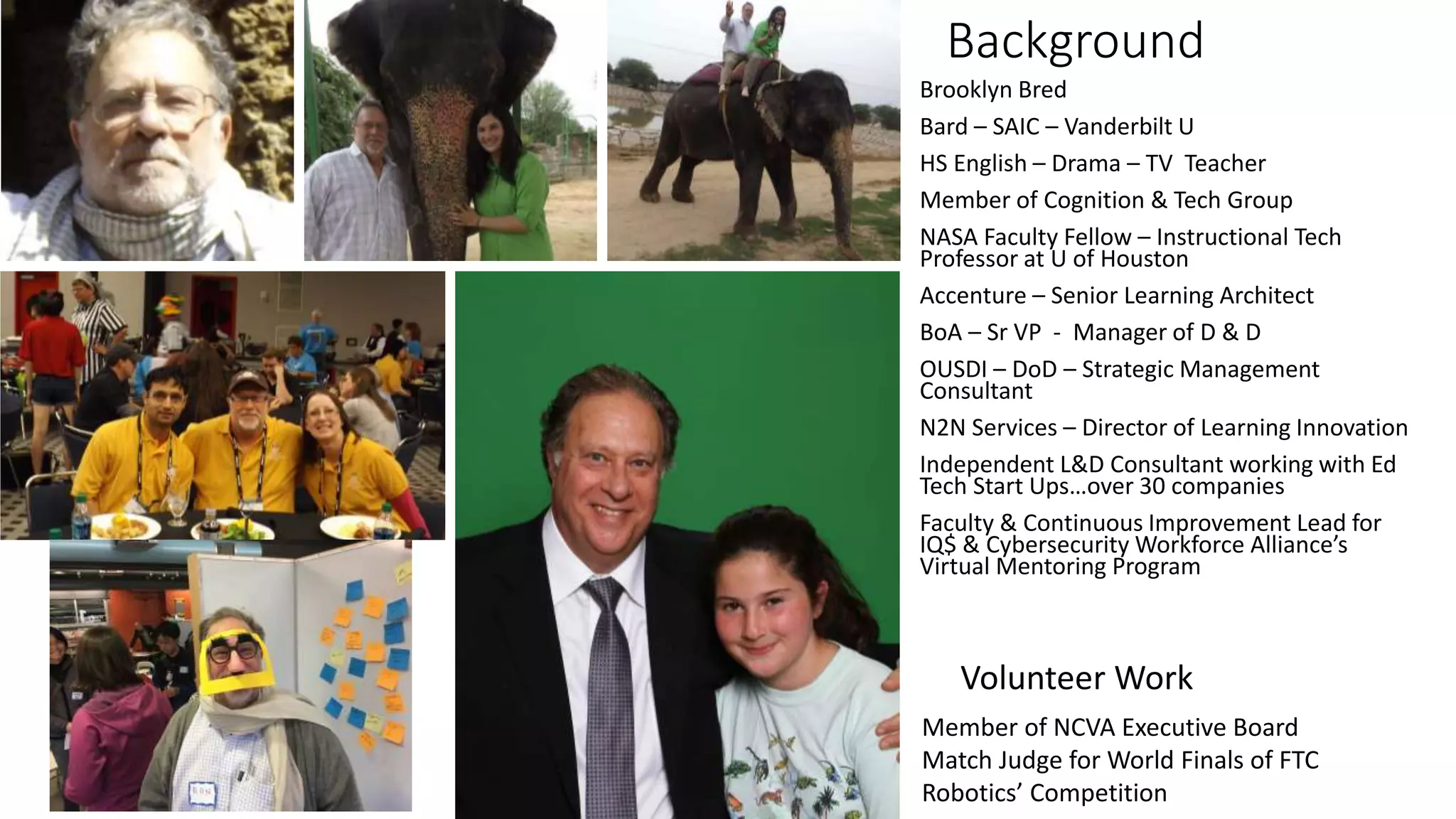 Background
Brooklyn Bred
Bard – SAIC – Vanderbilt U
HS English – Drama – TV Teacher
Member of Cognition & Tech Group
NASA Faculty Fellow – Instructional Tech
Professor at U of Houston
Accenture – Senior Learning Architect
BoA – Sr VP - Manager of D & D
OUSDI – DoD – Strategic Management
Consultant
N2N Services – Director of Learning Innovation
Independent L&D Consultant working with Ed
Tech Start Ups…over 30 companies
Faculty & Continuous Improvement Lead for
IQ$ & Cybersecurity Workforce Alliance’s
Virtual Mentoring Program
Volunteer Work
Member of NCVA Executive Board
Match Judge for World Finals of FTC
Robotics’ Competition
 