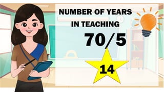 NUMBER OF YEARS
IN TEACHING
70/5
14
 
