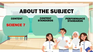 ABOUT THE SUBJECT
CONTENT PERFORMANCE
STANDARDS
CONTENT
STANDARDS
SCIENCE 7
 