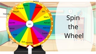 Janice
Joebert
Joy
Mark
Adrian
Aldrine
Ivana
Anne
Junrey
Harleigh
Eva
John
Axel
Jessa
Jayvee
Harvey
Alleyah
Amarah
Cleofe
spin
Spin
the
Wheel
 