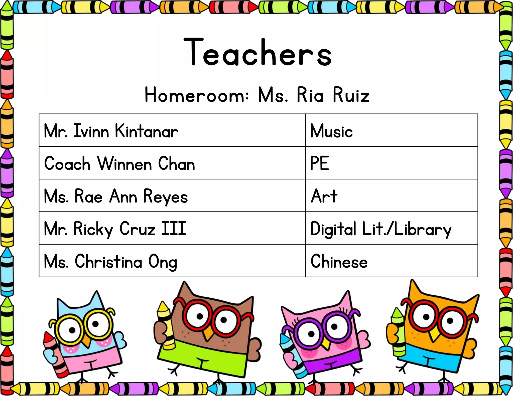 Teachers
Homeroom: Ms. Ria Ruiz
Mr. Ivinn Kintanar Music
Coach Winnen Chan PE
Ms. Rae Ann Reyes Art
Mr. Ricky Cruz III Digital Lit./Library
Ms. Christina Ong Chinese
 