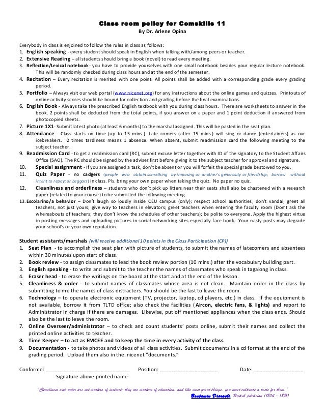 Class room policy