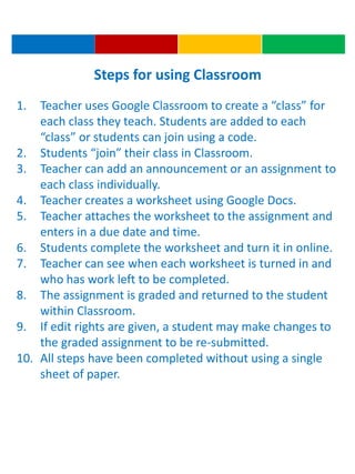 Steps for using Classroom
1. Teacher uses Google Classroom to create a “class” for
each class they teach. Students are added to each
“class” or students can join using a code.
2. Students “join” their class in Classroom.
3. Teacher can add an announcement or an assignment to
each class individually.
4. Teacher creates a worksheet using Google Docs.
5. Teacher attaches the worksheet to the assignment and
enters in a due date and time.
6. Students complete the worksheet and turn it in online.
7. Teacher can see when each worksheet is turned in and
who has work left to be completed.
8. The assignment is graded and returned to the student
within Classroom.
9. If edit rights are given, a student may make changes to
the graded assignment to be re-submitted.
10. All steps have been completed without using a single
sheet of paper.
 