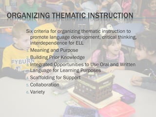 Six criteria for organizing thematic instruction to
promote language development, critical thinking,
interdependence for ELL
1. Meaning and Purpose
2. Building Prior Knowledge
3. Integrated Opportunities to Use Oral and Written
Language for Learning Purposes
4. Scaffolding for Support
5. Collaboration
6. Variety
 