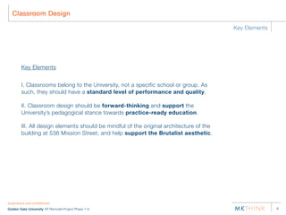 Classroom Design

                                                                                         Key Elements




        Key Elements


        I. Classrooms belong to the University, not a specific school or group. As
        such, they should have a standard level of performance and quality.

        II. Classroom design should be forward-thinking and support the
        University’s pedagogical stance towards practice-ready education.

        III. All design elements should be mindful of the original architecture of the
        building at 536 Mission Street, and help support the Brutalist aesthetic.




proprietary and conﬁdential
Golden Gate University SF Remodel Project Phase 7-9                                                     4
 