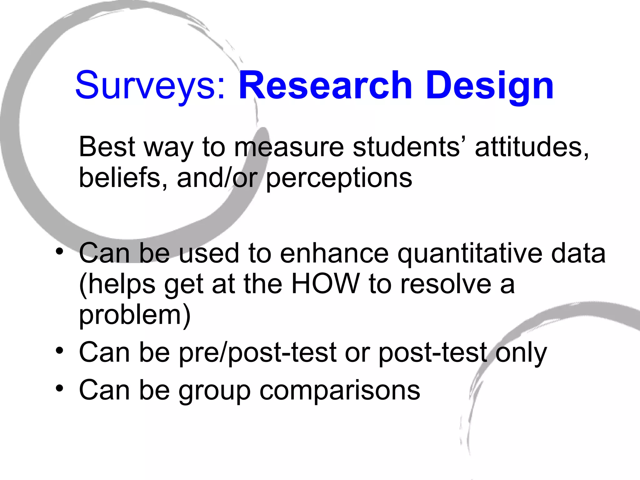 Surveys:  Research Design   Best way to measure students’ attitudes, beliefs, and/or perceptions Can be used to enhance quantitative data (helps get at the HOW to resolve a problem) Can be pre/post-test or post-test only Can be group comparisons 