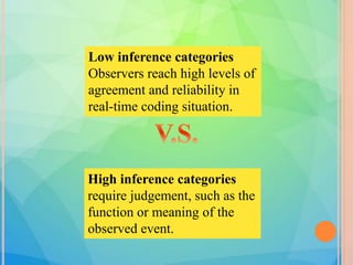 High inference categories
require judgement, such as the
function or meaning of the
observed event.
Low inference categories
Observers reach high levels of
agreement and reliability in
real-time coding situation.
 