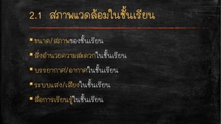 ▪ขนาด/สภาพของชั้นเรียน
▪สิ่งอำนวยความสะดวกในชั้นเรียน
▪บรรยากาศ/อากาศในชั้นเรียน
▪ระบบแสง/เสียงในชั้นเรียน
▪สื่อการเรียนรู้ในชั้นเรียน
 