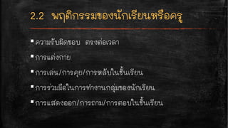▪ความรับผิดชอบ ตรงต่อเวลา
▪การแต่งกาย
▪การเล่น/การคุย/การหลับในชั้นเรียน
▪การร่วมมือในการทำงานกลุ่มของนักเรียน
▪การแสดงออก/การถาม/การตอบในชั้นเรียน
 