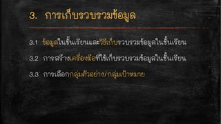 3.1 ข้อมูลในชั้นเรียนและวิธีเก็บรวบรวมข้อมูลในชั้นเรียน
3.2 การสร้างเครื่องมือที่ใช้เก็บรวบรวมข้อมูลในชั้นเรียน
3.3 การเลือกกลุ่มตัวอย่าง/กลุ่มเป้าหมาย
 