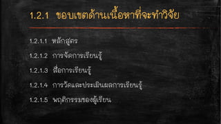 1.2.1.1 หลักสูตร
1.2.1.2 การจัดการเรียนรู้
1.2.1.3 สื่อการเรียนรู้
1.2.1.4 การวัดและประเมินผลการเรียนรู้
1.2.1.5 พฤติกรรมของผู้เรียน
 