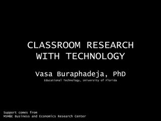 CLASSROOM RESEARCH
WITH TECHNOLOGY
Vasa Buraphadeja, PhD
Educational Technology, University of Florida
Support comes from
MSM&E Business and Economics Research Center
 
