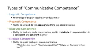 Types of “Communicative Competence”
• Linguistic Competence
• Knowledge of English vocabulary and grammar
• Pragmatic Competence
• Ability to say and do the appropriate thing in a social situation
• Discourse Competence
• Ability to start and end a conversation, and to contribute to a conversation, in
a consistent and coherent manner
• Strategic Competence
• Ability to repair problems in communication
• “What does that mean?” “Could you repeat that?” “Did you say ‘four-zero’ or ‘one-
four’?”
 