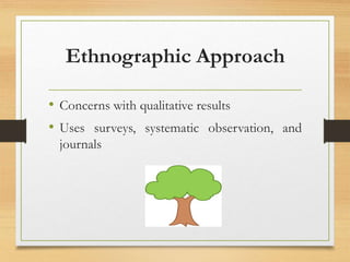 Ethnographic Approach
• Concerns with qualitative results
• Uses surveys, systematic observation, and
journals
 