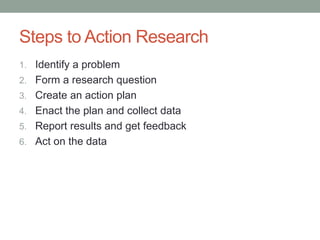 Steps to Action Research
1. Identify a problem
2. Form a research question
3. Create an action plan
4. Enact the plan and collect data
5. Report results and get feedback
6. Act on the data
 