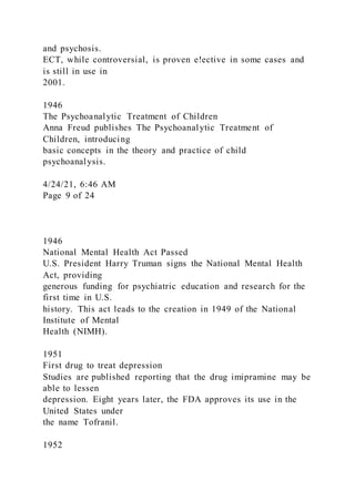 and psychosis.
ECT, while controversial, is proven e!ective in some cases and
is still in use in
2001.
1946
The Psychoanalytic Treatment of Children
Anna Freud publishes The Psychoanalytic Treatment of
Children, introducing
basic concepts in the theory and practice of child
psychoanalysis.
4/24/21, 6:46 AM
Page 9 of 24
1946
National Mental Health Act Passed
U.S. President Harry Truman signs the National Mental Health
Act, providing
generous funding for psychiatric education and research for the
first time in U.S.
history. This act leads to the creation in 1949 of the National
Institute of Mental
Health (NIMH).
1951
First drug to treat depression
Studies are published reporting that the drug imipramine may be
able to lessen
depression. Eight years later, the FDA approves its use in the
United States under
the name Tofranil.
1952
 