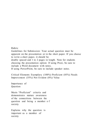 Rubric
Guidelines for Submission: Your actual question must be
apparent on the presentation or in the short paper. If you choose
to write a short paper, it should be
double spaced and 1 to 2 pages in length. Note for students
choosing the presentation option: If using Prezi, be sure to
include a Word document with notes.
If using PowerPoint, be sure to include speaker notes.
Critical Elements Exemplary (100%) Proficient (85%) Needs
Improvement (55%) Not Evident (0%) Value
Importance of
Question
Meets “Proficient” criteria and
demonstrates mature awareness
of the connections between the
question and being a member o f
society
Explains why the question is
important as a member of
society
 