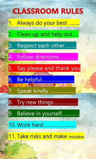 1. Always do your best ……..
2. Clean up and help out…..
3. Respect each other……...
4. Follow directions…………..
5. Say please and thank you
6. Be helpful…………………...
7. Speak kindly ……………….
8. Try new things………………
9. Believe in yourself………….
10. Work hard……………………
11. Take risks and make mistakes
 