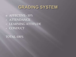  AFFECTIVE– 10%
 ATTENDANCE
 LEARNING ATTITUDE
 CONDUCT
TOTAL-100%
 