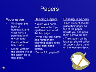 Papers
Paper usage
•

•
•

Writing on the
back of
homework and
class work is
permitted and
encouraged.
Do not write on
final drafts.
Do not write on
the bottom line of
the paper, go to
next page.

Heading Papers

Passing in papers

• Write your name

•Each student should
place their paper on
top of the paper
beside you and pass
them across the row.
• The student on the
last seat should collect
all papers place them
on the teachers desk.

and date in the topright hand corner of
the first page.
• Write your last name
and number any
following pages in the
upper right hand
corner.
•Do not fold papers!!!

 