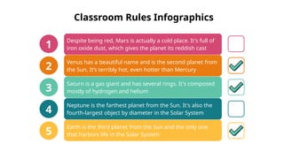 Despite being red, Mars is actually a cold place. It's full of
iron oxide dust, which gives the planet its reddish cast
Venus has a beautiful name and is the second planet from
the Sun. It’s terribly hot, even hotter than Mercury
Saturn is a gas giant and has several rings. It's composed
mostly of hydrogen and helium
Neptune is the farthest planet from the Sun. It's also the
fourth-largest object by diameter in the Solar System
Earth is the third planet from the Sun and the only one
that harbors life in the Solar System
1
2
3
4
5
Classroom Rules Infographics
 