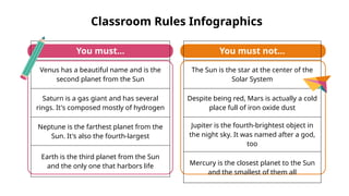 Classroom Rules Infographics
You must...
Venus has a beautiful name and is the
second planet from the Sun
Saturn is a gas giant and has several
rings. It's composed mostly of hydrogen
Neptune is the farthest planet from the
Sun. It's also the fourth-largest
Earth is the third planet from the Sun
and the only one that harbors life
You must not...
The Sun is the star at the center of the
Solar System
Despite being red, Mars is actually a cold
place full of iron oxide dust
Jupiter is the fourth-brightest object in
the night sky. It was named after a god,
too
Mercury is the closest planet to the Sun
and the smallest of them all
 