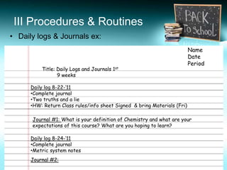 III Procedures & Routines
• Daily logs & Journals ex:
                                                                          Name
                                                                          Date
                                                                          Period
          Title: Daily Logs and Journals 1st
                 9 weeks

      Daily log 8-22-’11
      •Complete journal
      •Two truths and a lie
      •HW: Return Class rules/info sheet Signed & bring Materials (Fri)

      Journal #1: What is your definition of Chemistry and what are your
      expectations of this course? What are you hoping to learn?

      Daily log 8-24-’11
      •Complete journal
      •Metric system notes
      Journal #2:
 