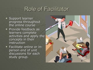 Role of Facilitator Support learner progress throughout the online course Provide feedback as learners complete activities and apply the concepts in their instruction Facilitate online or in-person end of unit discussions for each study group. 