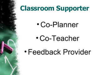 Classroom Supporter Co-Planner Co-Teacher Feedback Provider 
