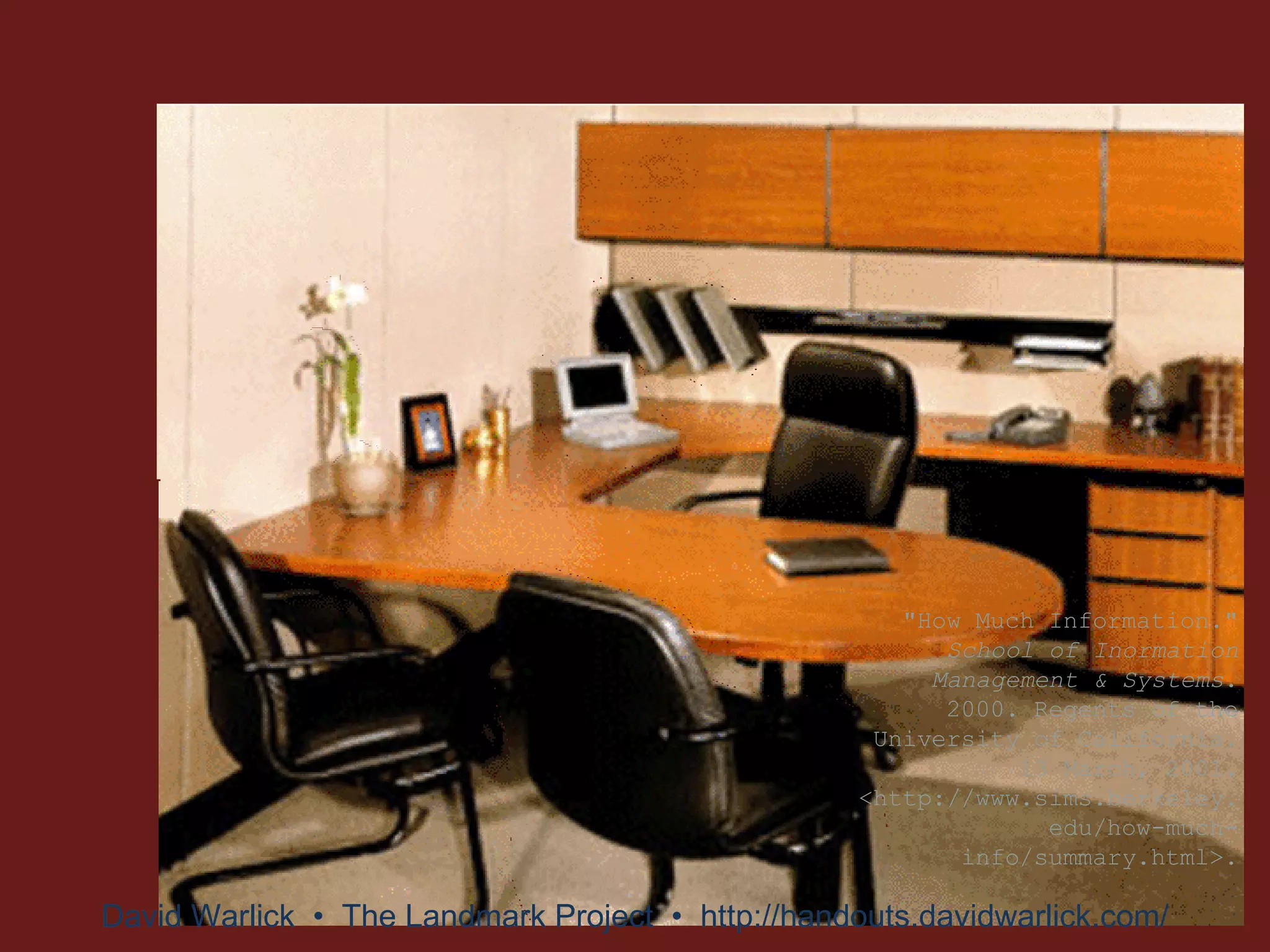 &quot;How Much Information.&quot;  School of Inormation Management & Systems . 2000. Regents of the University of California. 13 March, 2001. <http://www.sims.berkeley.edu/how-much-info/summary.html>. David Warlick  •  The Landmark Project  •  http://handouts.davidwarlick.com/ 