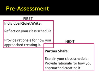 FIRST
Individual Quiet Write:
Reflect on your class schedule.

Provide rationale for how you         NEXT
approached creating it.
                          Partner Share:
                          Explain your class schedule.
                          Provide rationale for how you
                          approached creating it.
 