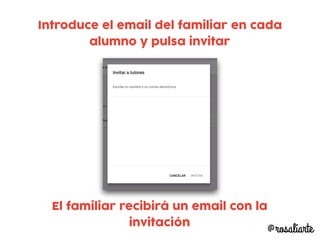 Introduce el email del familiar en cada
alumno y pulsa invitar
El familiar recibirá un email con la
invitación
@rosaliarte
 