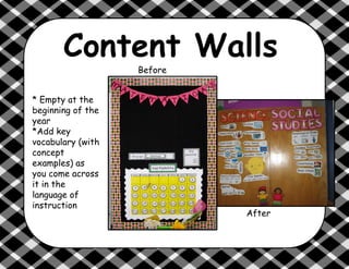 Content Walls
* Empty at the
beginning of the
year
*Add key
vocabulary (with
concept
examples) as
you come across
it in the
language of
instruction
Before
After
 